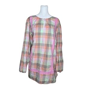 Lands End Womens Long Sleeve Balloon Sleeve 100% Cotton Plaid Top Size 2X